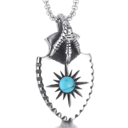 NTM2181 Takahashi Feather Turquoise Pendant Punk Necklace with Stainless Steel Eagle Claw Shield