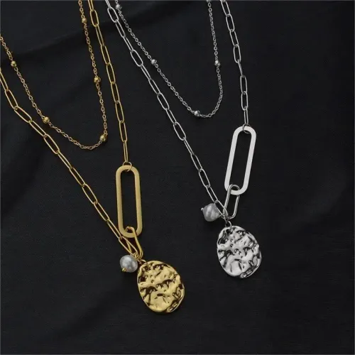 NTM3460 Irregular Circle Pearl Double Layered Pendant Necklace Stainless Steel Jewelry