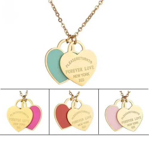 NTM3693 Stainless Steel Double Heart Enamel Clavicle Necklace for Women Blue Pink Pendant