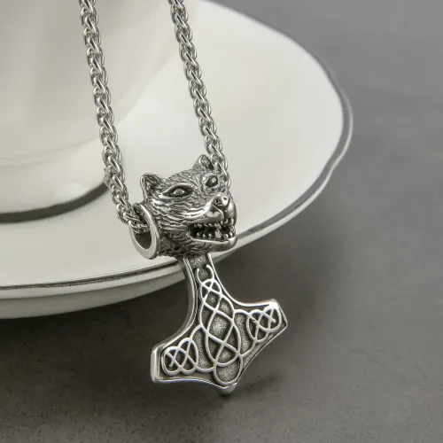 NTM2338 Men's Stainless Steel Wolf Head Thor Hammer Pendant Hip Hop Necklace
