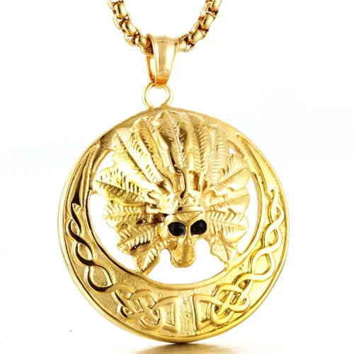 NTM2165 Round Skull Pendant Necklace Stainless Steel Native American Tribal Charm