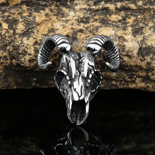NTM947 Ram Head Necklace for Men Dark Stainless Steel Animal Pendant Jewelry