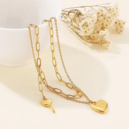 NTM2882 Girls' Double Layer Tassel Heart Chain Necklace Stainless Steel Clavicle Sweater Chain