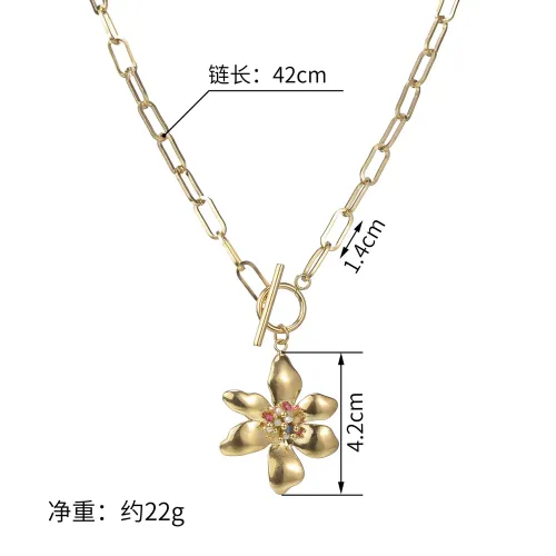 NTM3317 14K Gold OT Clasp Pendant with Stainless Steel Flower Beads Necklace