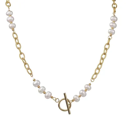 NTM3417 14K Gold OT Clasp Pearl Necklace for Women Stainless Steel Jewelry