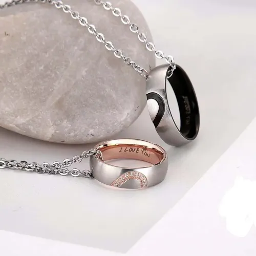 NTM4002 Half Heart 'I LOVE YOU' Couples' Matching Rings Necklace Set