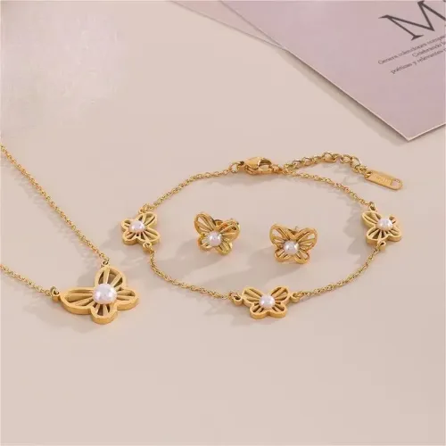 NTM2557 Sweet Hollow Petal Pendant O Chain Necklace Bracelet Set with Shell Pearl Earrings Stainless Steel