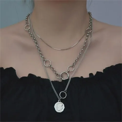 NTM3429 Hip Hop Portrait Pendant Necklace Triple Layer Sweater Chain for Women