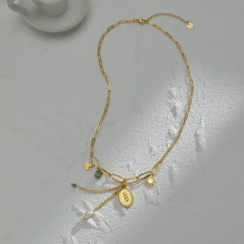 NTM3318 14K Gold Rice Bead Double Arrowhead Necklace Oval Long O Chain for Women