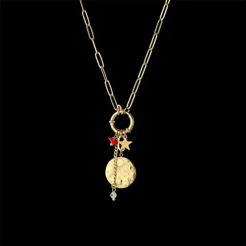 NTM3339 14K Gold Starburst Pendant Necklace with Stainless Steel Clavicle Chain for Women