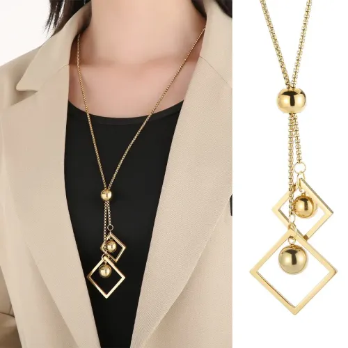 NTM2918 Elegant Diamond Shaped Pendant with Long Round Pearl Chain Necklace for Women