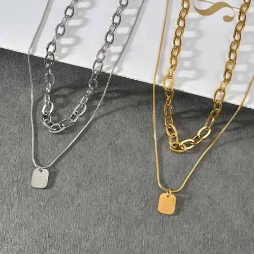 NTM3676 Double Layer engrave Tag Pendant Necklace Hoodie Chain Trendy Look