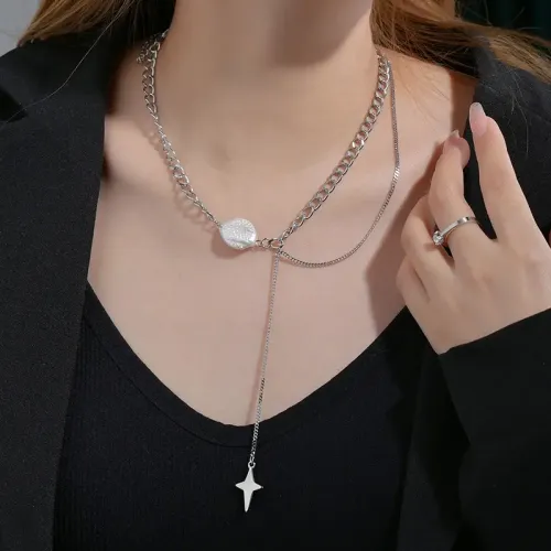 NTM3564 Double Layered Pearl Star Pendant Necklace for Women Stainless Steel Collar Jewelry