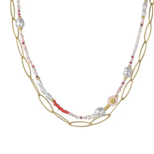 NTM3550 Baroque Pearl Necklace Multicolor Beaded Embossed Oval Chain Jewelry