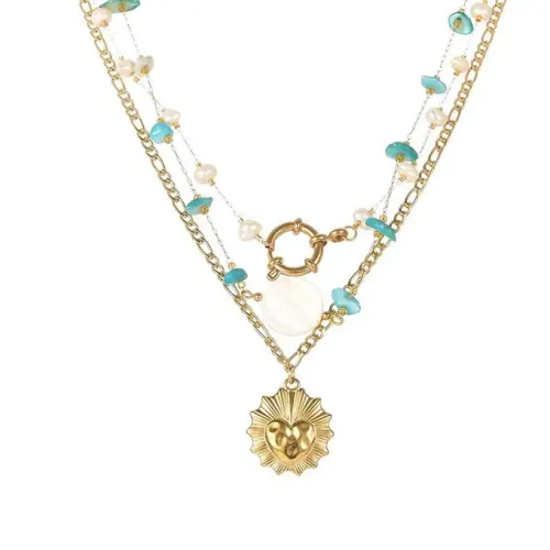 NTM3578 14K Gold Sun Heart Pendant Necklace with Pearl Chain Natural Stone Stainless Jewelry