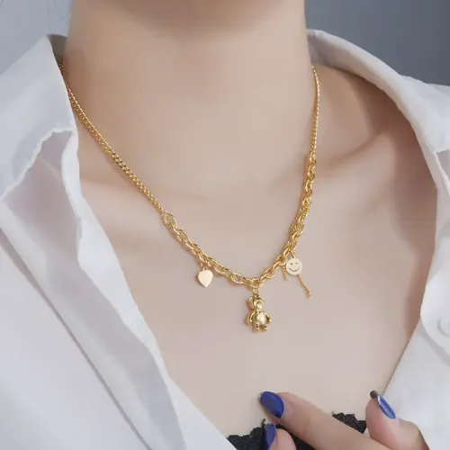 NTM3642 Cute Teddy Bear Heart Necklace with Tassel Smiley Face Clavicle Chain for Women