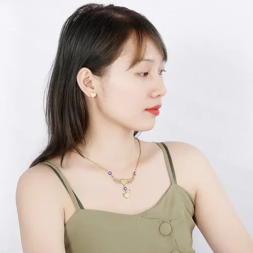 NTM2680 Women's Stainless Steel Hollow Heart Wing Necklace Set Elegant Jewelry
