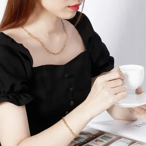 NTM2735 Hip Hop Rectangle Pendant Necklace Bracelet Jewelry Set Urban Fashion Accessory