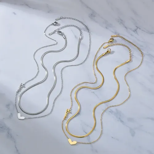 NTM3716 Double Layered Stainless Steel Love Heart Necklace Clavicle Chain Pendant