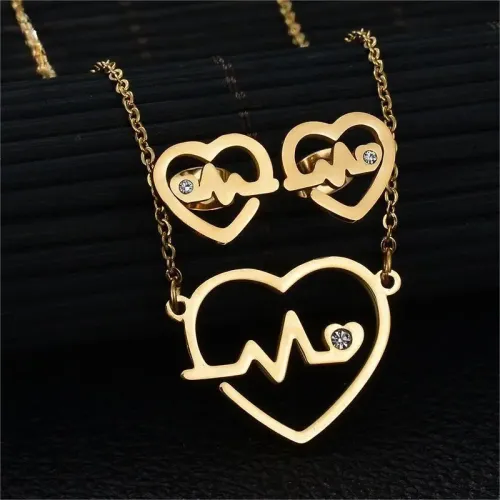 NTM3379 Elegant Stainless Steel Heartbeat Necklace Earrings Set for Women Fine Jewelry
