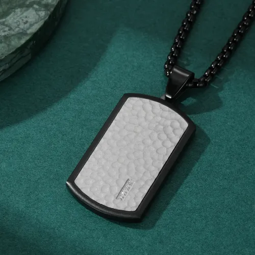 NTM1163 Men's Hammered Texture Beveled Pendant 3D Two Tone Stainless Steel Necklace
