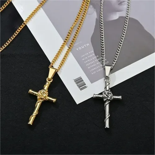 NTM3545 Hip Hop Rose Cross Necklace Stainless Steel Couples' Pendant for Men Women