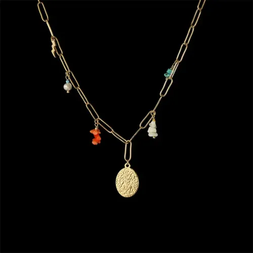 NTM3345 14K Gold Turquoise Pearl Tree of Life Pendant Necklace Stainless Steel Clavicle Chain