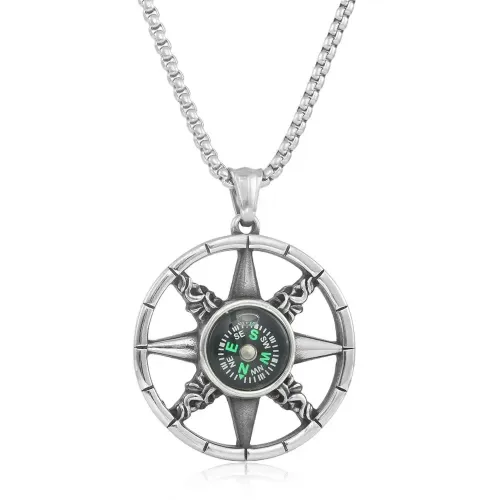 NTM1370 Compass Pendant Punk Stainless Steel Hollow Necklace