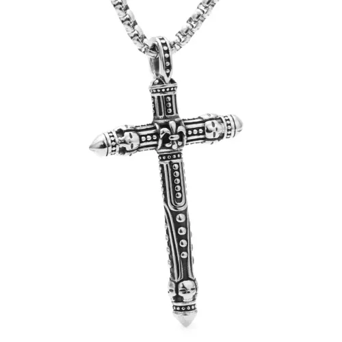 NTM2012 Carved Cross Pendant Punk Skull Stainless Steel Necklace
