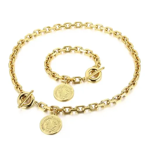 NTM2976 Elegant Portrait Coin Necklace Bracelet Jewelry Set Premium Accessory Collection