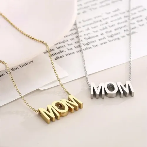 NTM2857 Mirror Polished 'MOM' Letter Pendant Necklace Stainless Steel Beaded Chain Mother's Day Gift