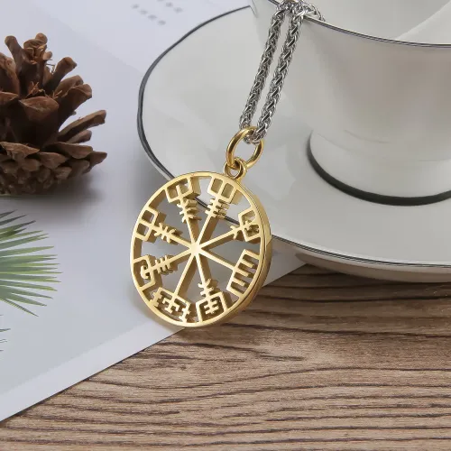 NTM2366 Golden Viking Necklace for Men Norse Odin Symbol Stainless Steel Compass Pendant