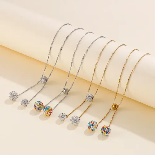 NTM2593 AB Crystal Ball Pendant Necklace for Women Stainless Steel Full Diamond Sparkle
