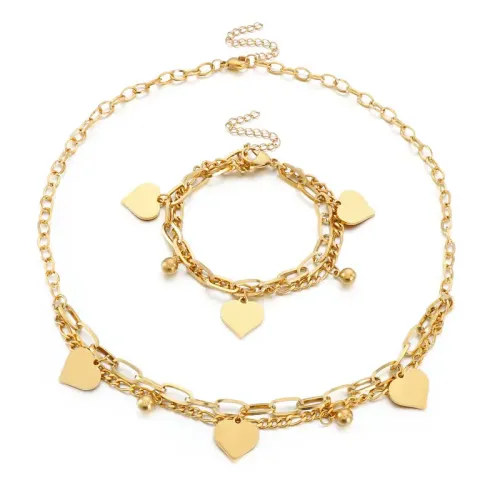 NTM3089 Double Layered Heart Shaped Stainless Steel Necklace Bracelet Set Layering Love Jewelry