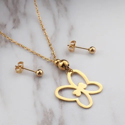 NTM2525 18K Gold Plated Stainless Steel Jewelry Set Butterfly Dragonfly Necklace Earrings Wholesale Vendor Finds