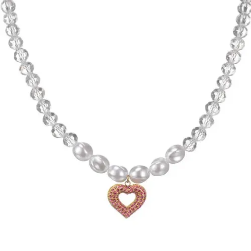 NTM3500 Stainless Steel Full Diamond Hollow Heart Pendant Pearl Necklace for Women Sweater Chain