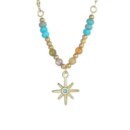 NTM3468 18K Gold Plated Stainless Steel Star of David Beaded Necklace for Women