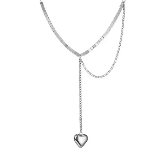 NTM3582 3D Cube Heart Pendant Necklace for Women Handcrafted Stainless Steel Clavicle Chain