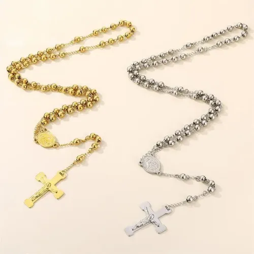 NTM2915 6mm Bead Stainless Steel Rosary Necklace with Cross Unisex Religious Jewelry