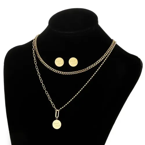 NTM2937 Multi Layer Clavicle Chain 'Good Luck' Stainless Steel Earring Necklace Set for Women
