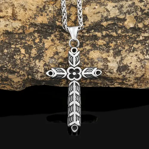 NTM1021 Cross Flower Pendant Necklace with Dragon Bone Chain Stainless Steel Men's Sweater Chain