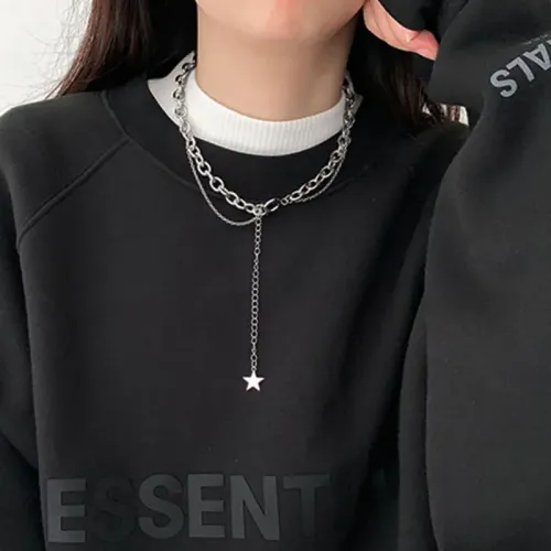 NTM3737 Stainless Steel Star Tassel Necklace Hip Hop Double Layered Clavicle Chain