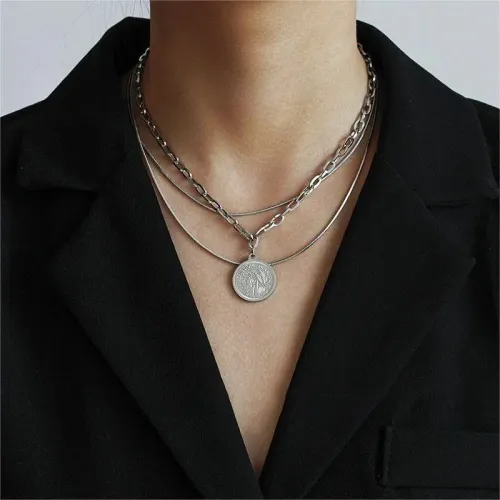 NTM3841 Hip Hop Layered Necklace Stainless Steel Coin Clavicle Sweater Chain
