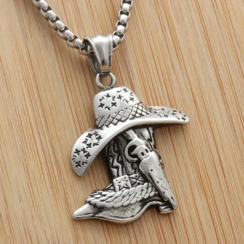 NTM1898 Cowboy Hat Boot Pendant Punk Stainless Steel Western Jewelry Necklace