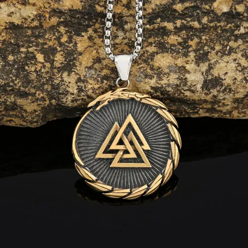 NTM914 Viking Triangle Rune Dragon Circular Pendant Men's Stainless Steel Necklace