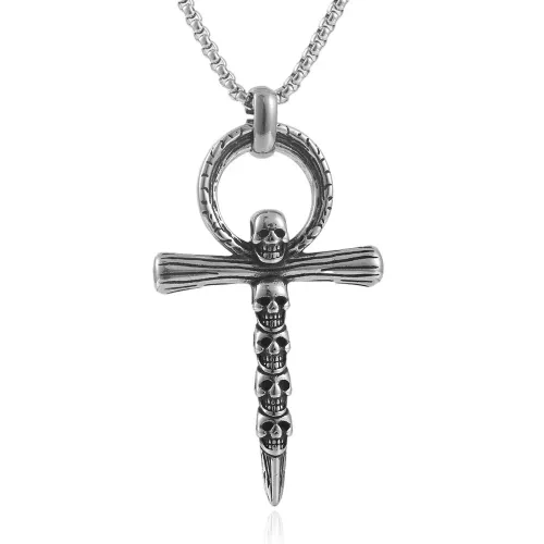 NTM1469 Cross Pendant Punk Necklace Stainless Steel Circle Tag Charm