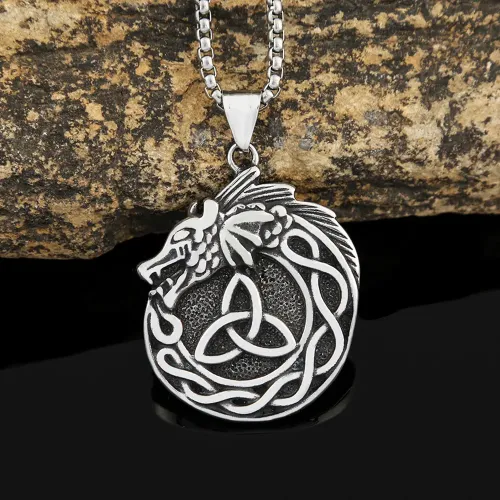NTM980 Men's Viking Wyvern Dragon Medallion Necklace Stainless Steel Norse Jewelry