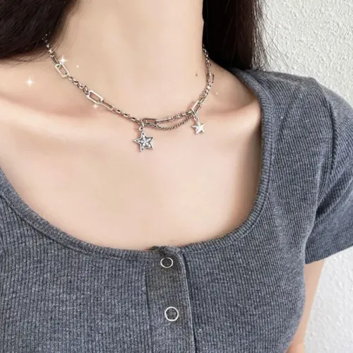 NTM3739 Stainless Steel Hip Hop Star Pendant Necklace with Rhinestones for Women Clavicle Chain