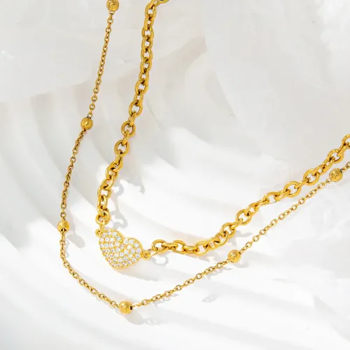 NTM3559 Double Layered Diamond Heart Spacer Bead Necklace for Women Stainless Steel Clavicle Chain