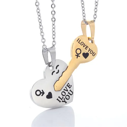 NTM2304 I LOVE YOU Key engrave Necklace Heart Pendant Stainless Steel Couples Clavicle Chain